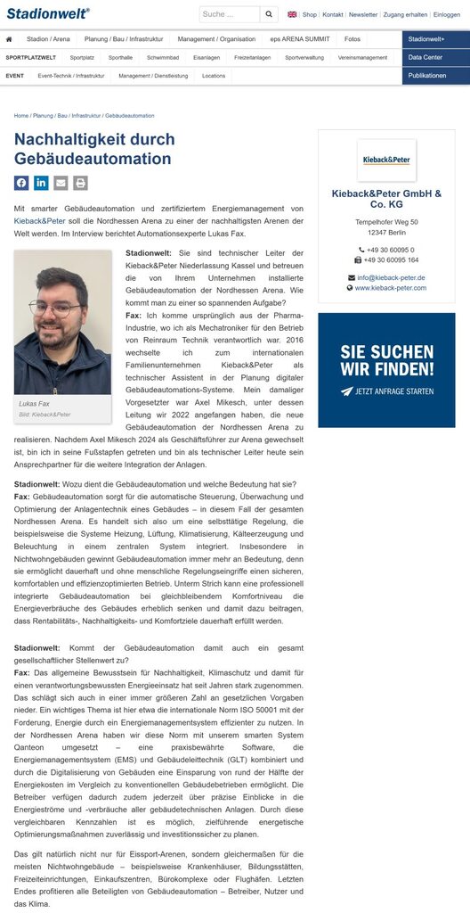 Screenshot von Fachbeitrag über Kieback&Peter-Gebäudetechnik in "Nordhessen-Arena" von Stefan Jonies