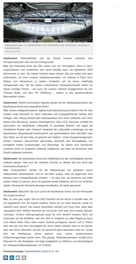 Weiterer Screenshot von Fachbeitrag über Kieback&Peter-Gebäudetechnik in "Nordhessen-Arena" von Stefan Jonies