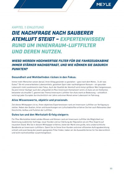Kapitel 1 des Whitepapers über Innenraum-Luftfilter für Autos vom OEM Hersteller MEYLE.