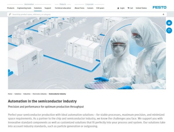 Screenshot von Festo Website mit Fabrik-Grafik und Personen in Reinraumanzügen, die Wafer begutachten