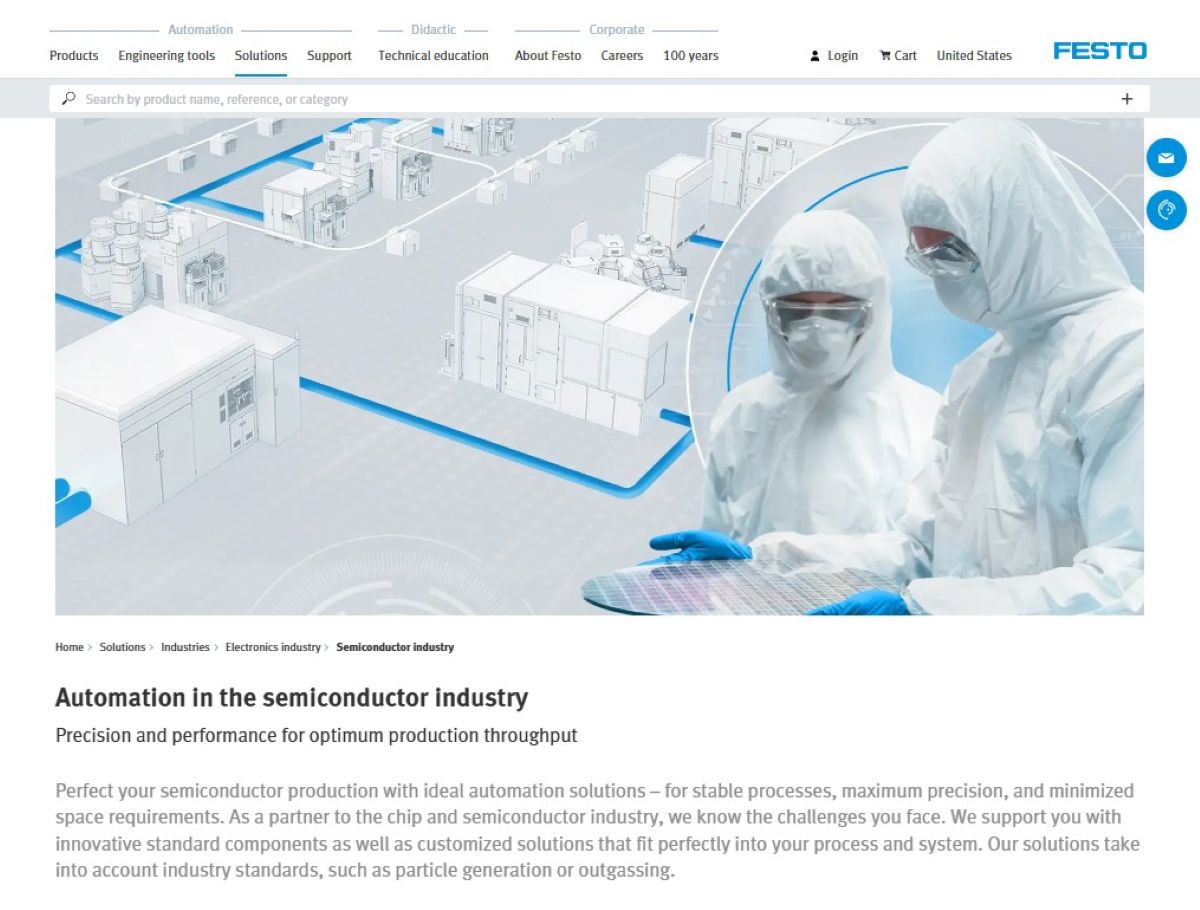 Screenshot von Festo Website mit Fabrik-Grafik und Personen in Reinraumanzügen, die Wafer begutachten