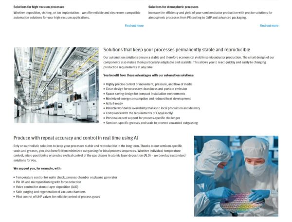 Screenshot von Festo Website zeigt Fabrik-Halle mit Anlagen zur Halbleiter-Produktion und zwei Technikern in Reinraum