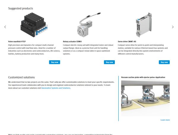 Screenshot von Website von Festo zeigt elektronische und pneumatische Automations-Aktoren