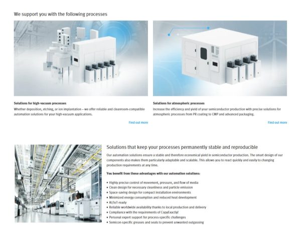 Screenshot von Festo-Website zeigt drei Bilder mit Automations-Bausteinen und Anlagen in Fabrikhalle