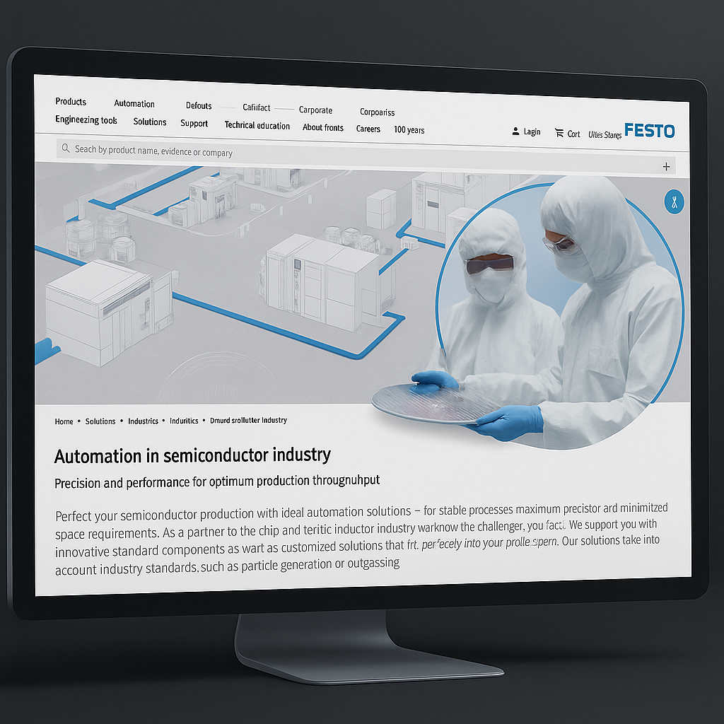 Flachbildschirm zeigt Website von Festo mit Grafik von Halbleiter-Fabrik und Personen in Reinraumanzügen, die Wafer begutachten.