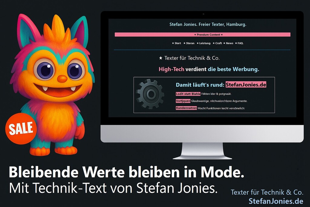 Kleines Monster neben Monitor mit Website von Werbetexter Stefan Jonies. Headline "Bleibende Werte bleiben in Mode. Mit Technik-Text von Stefan Jonies".