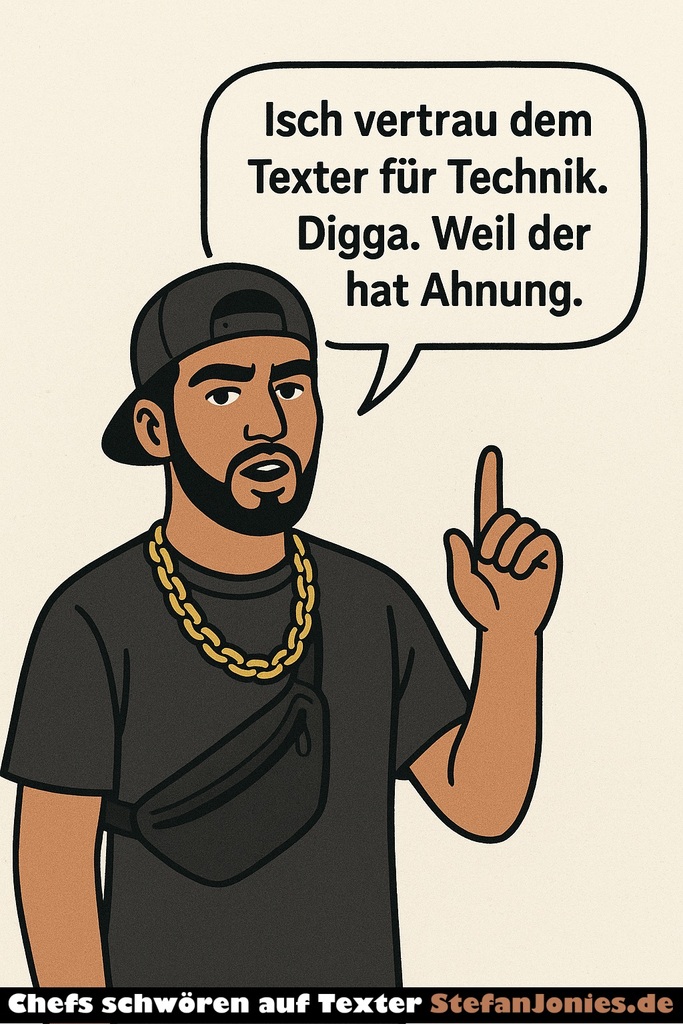 Talahon mit Goldkette und Brusttasche schwört auf Werbetexte von Stefan Jonies